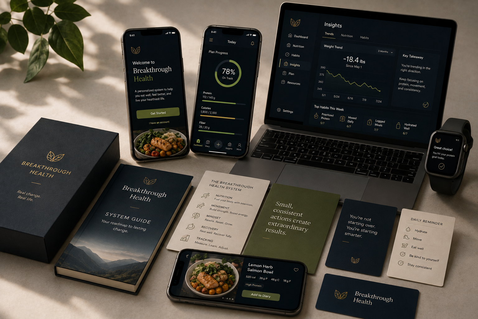 Breakthrough Health product ecosystem visual showing mobile, desktop, wearable, planning, nutrition, and system-guide experiences.